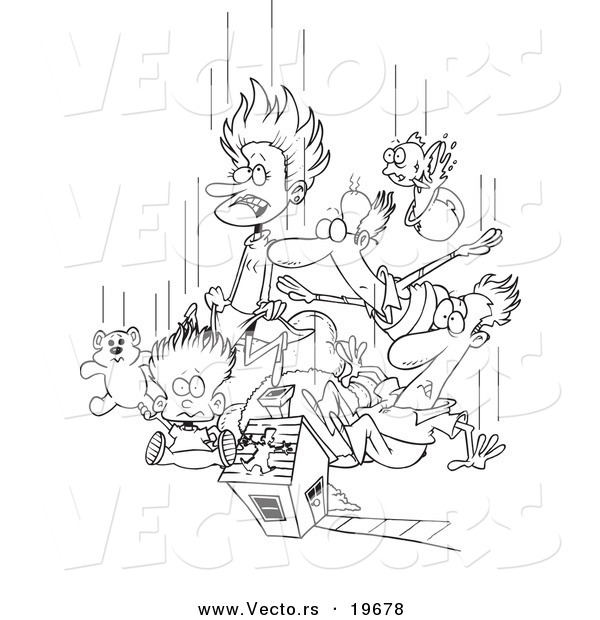 Vector of a Cartoon Black and White Outline Design of Family Members Dropping in - Outlined Coloring Page