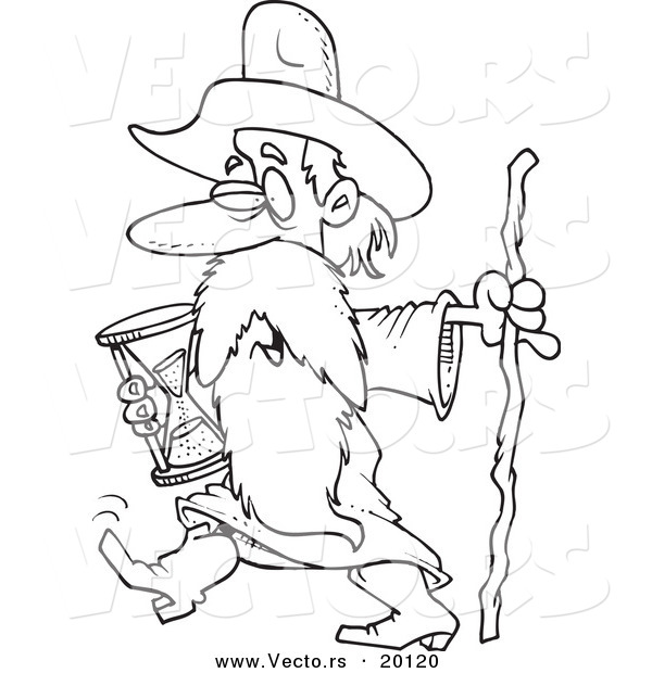 Vector of a Cartoon Black and White Outline Design of Father Time Carrying an Hourglass - Outlined Coloring Page