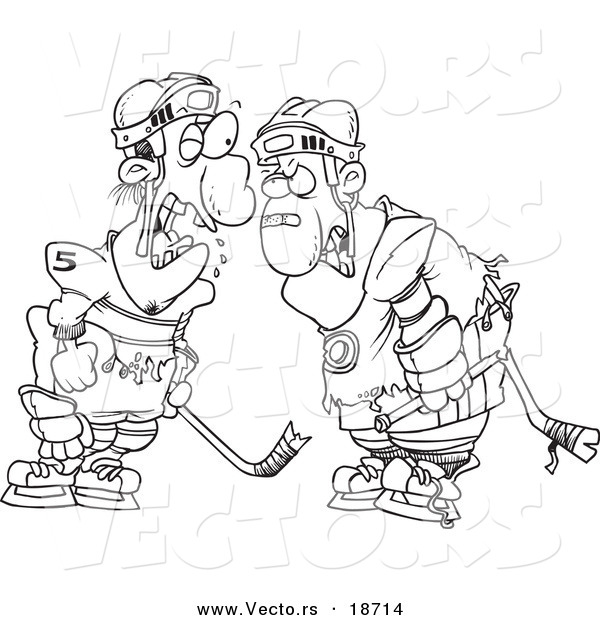 Vector of a Cartoon Black and White Outline Design of Fighting Hockey Players - Outlined Coloring Page