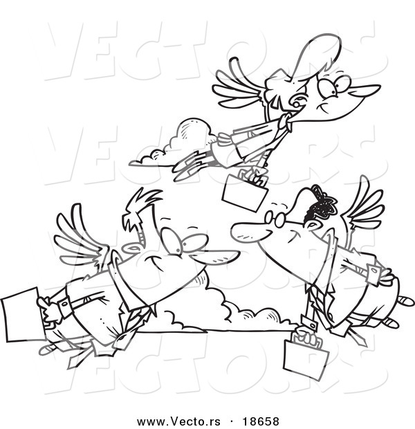 Vector of a Cartoon Black and White Outline Design of Flying Commuters Heading to Work - Outlined Coloring Page