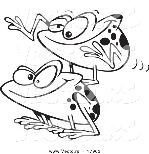 Vector of a Cartoon Black and White Outline Design of Frogs Playing Leap Frog - Outlined Coloring Page