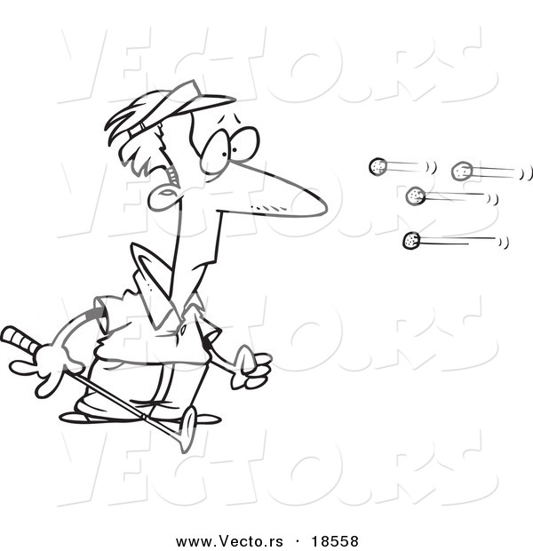 Vector of a Cartoon Black and White Outline Design of Golf Balls Flying at a Golfer - Outlined Coloring Page