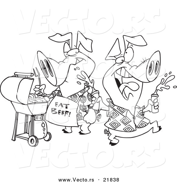 Vector of a Cartoon Black and White Outline Design of Happy Pigs at a BBQ - Outlined Coloring Page