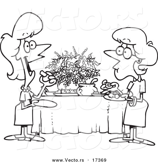 Vector of a Cartoon Black and White Outline Design of Ladies Talking and Eating at a Buffet - Coloring Page Outline