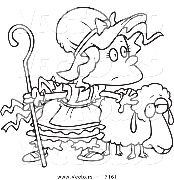 Vector of a Cartoon Black and White Outline Design of Little Bo Peep with a Sheep - Coloring Page Outline