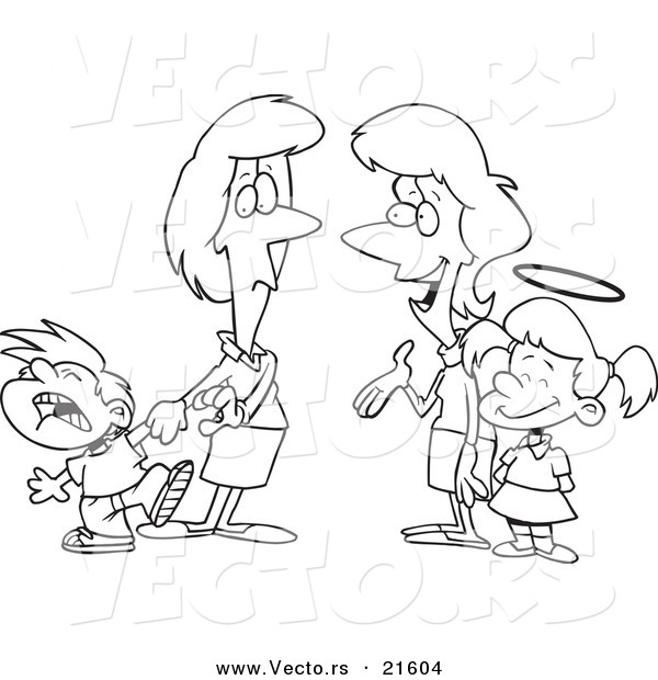 Vector of a Cartoon Black and White Outline Design of Mothers with Contrasting Kids - Outlined Coloring Page