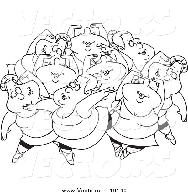 Vector of a Cartoon Black and White Outline Design of Nine Ladies Dancing - Outlined Coloring Page