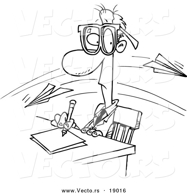 Vector of a Cartoon Black and White Outline Design of Paper Planes Flying past a Working Businessman - Outlined Coloring Page