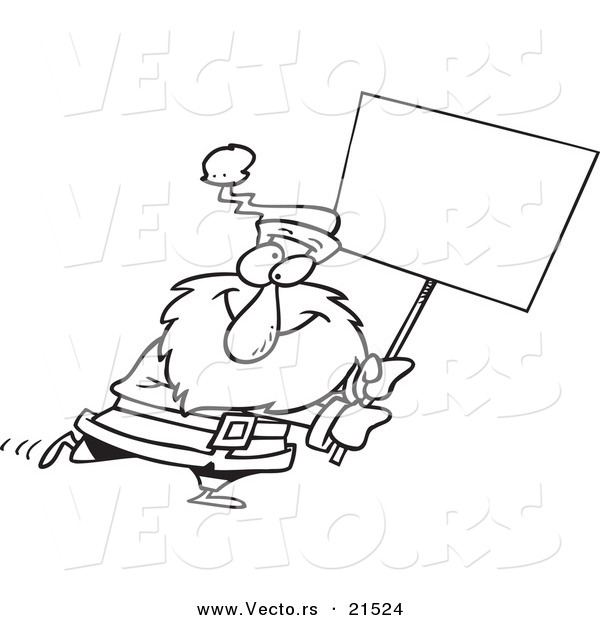 Vector of a Cartoon Black and White Outline Design of Santa Carrying a Blank Sign - Outlined Coloring Page