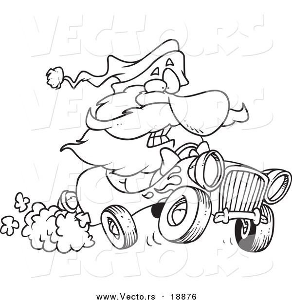 Vector of a Cartoon Black and White Outline Design of Santa Driving a Hot Rod - Outlined Coloring Page