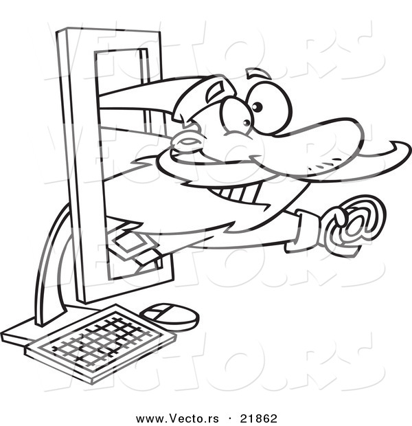 Vector of a Cartoon Black and White Outline Design of Santa Holding an Email Symbol in a Computer - Outlined Coloring Page