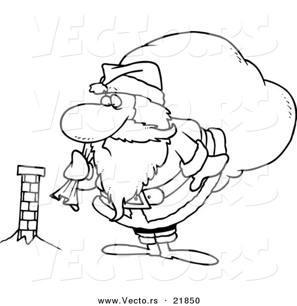 Vector of a Cartoon Black and White Outline Design of Santa Inspecting a Tiny Chimney - Outlined Coloring Page