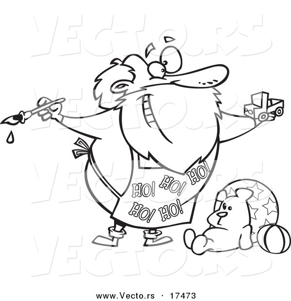 Vector of a Cartoon Black and White Outline Design of Santa Painting a Toy Truck in a Workshop - Coloring Page Outline