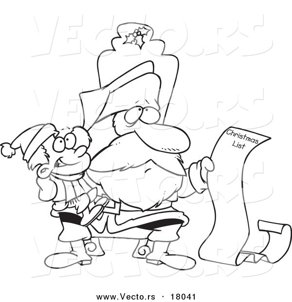 Vector of a Cartoon Black and White Outline Design of Santa Reading a Boy's Long Christmas List - Outlined Coloring Page