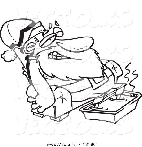 Vector of a Cartoon Black and White Outline Design of Santa Relaxing with a Foot Bath - Outlined Coloring Page