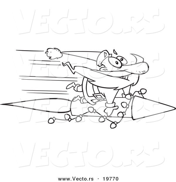 Vector of a Cartoon Black and White Outline Design of Santa Riding a Fast Rocket - Outlined Coloring Page