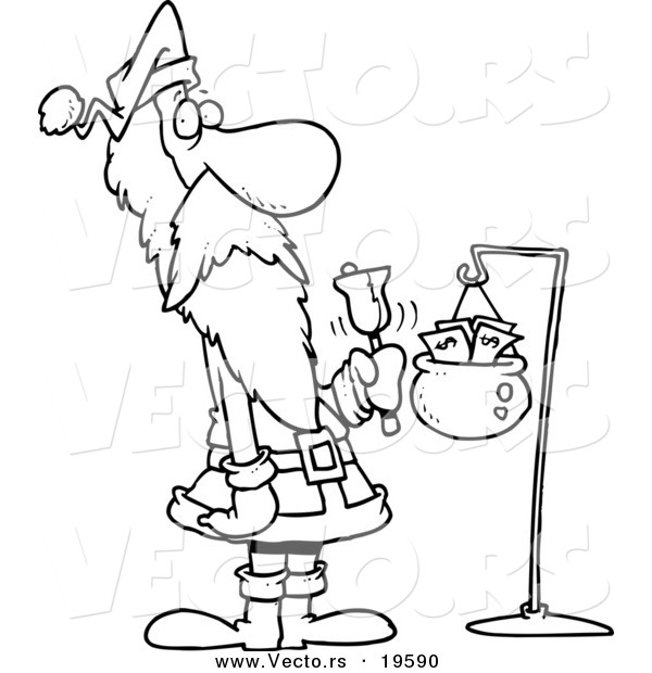 Vector of a Cartoon Black and White Outline Design of Santa Ringing a Bell - Outlined Coloring Page