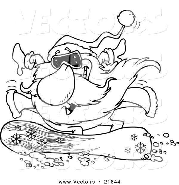 Vector of a Cartoon Black and White Outline Design of Santa Snowboarding - Outlined Coloring Page
