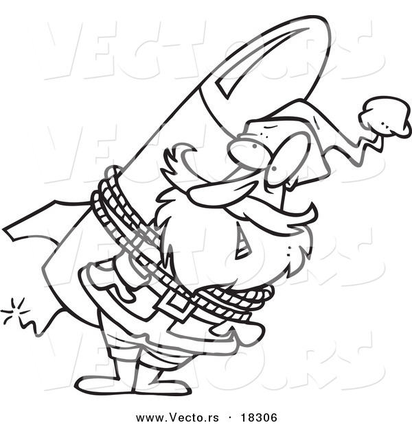 Vector of a Cartoon Black and White Outline Design of Santa Strapped to a Rocket - Outlined Coloring Page