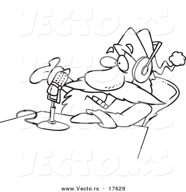 Vector of a Cartoon Black and White Outline Design of Santa Talking on the Radio - Coloring Page Outline