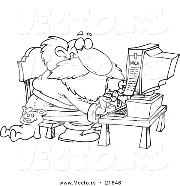 Vector of a Cartoon Black and White Outline Design of Santa Using a Computer - Outlined Coloring Page