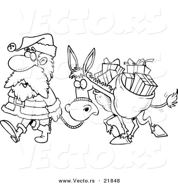 Vector of a Cartoon Black and White Outline Design of Santa Walking with a Donkey - Outlined Coloring Page