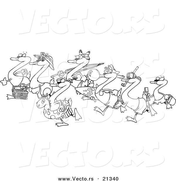 Vector of a Cartoon Black and White Outline Design of Seven Swans Going Swimming - Outlined Coloring Page