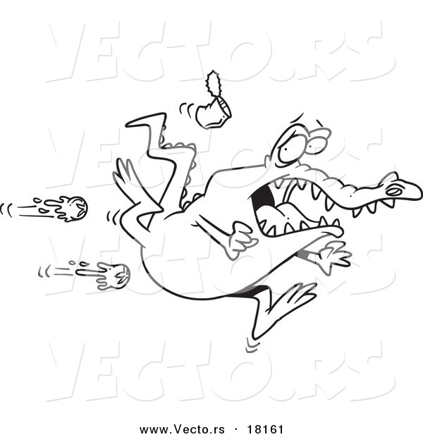Vector of a Cartoon Black and White Outline Design of Tomatoes Flying at a Rejected Alligator - Outlined Coloring Page