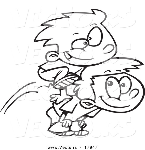 Vector of a Cartoon Black and White Outline Design of Two Boys Playing Leap Frog - Outlined Coloring Page