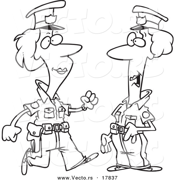 Vector of a Cartoon Black and White Outline Design of Two Female Cops - Outlined Coloring Page