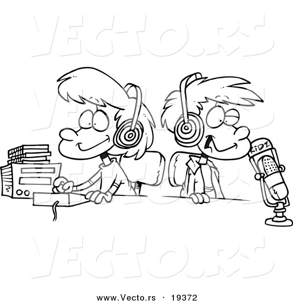 Vector of a Cartoon Black and White Outline Design of Two Kid DJs - Outlined Coloring Page
