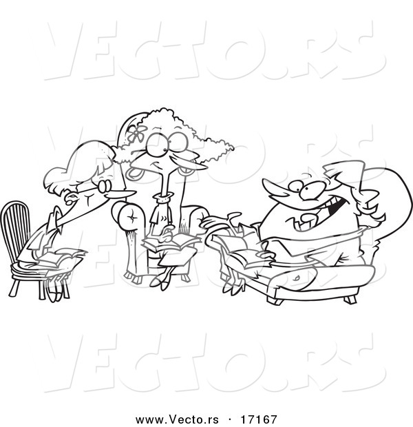 Vector of a Cartoon Black and White Outline Design of Women Talking During a Book Club Meeting - Coloring Page Outline