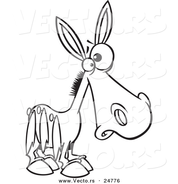 Vector of a Cartoon Black and White Outline Donkey Pinned with Tails on His Side - Outlined Coloring Page