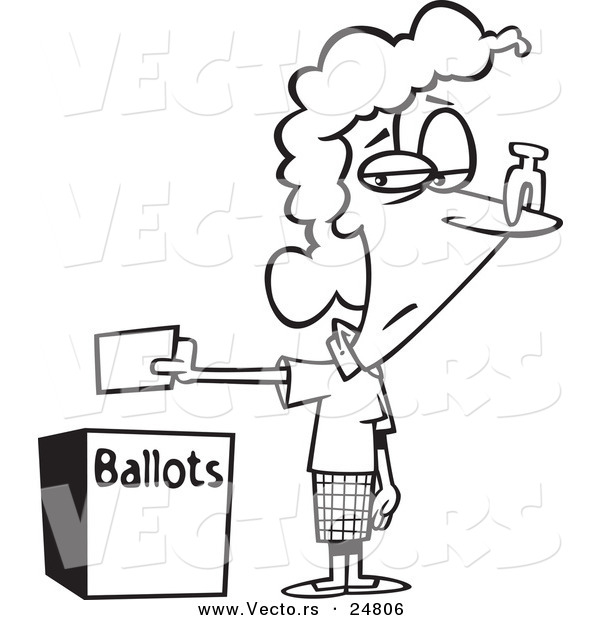 Vector of a Cartoon Black and White Outline Female Voter with a Nose Plug Putting Her Ballot in a Box - Outlined Coloring Page