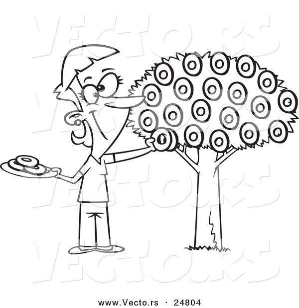 Vector of a Cartoon Black and White Outline Happy Woman Picking Donuts from a Tree - Outlined Coloring Page