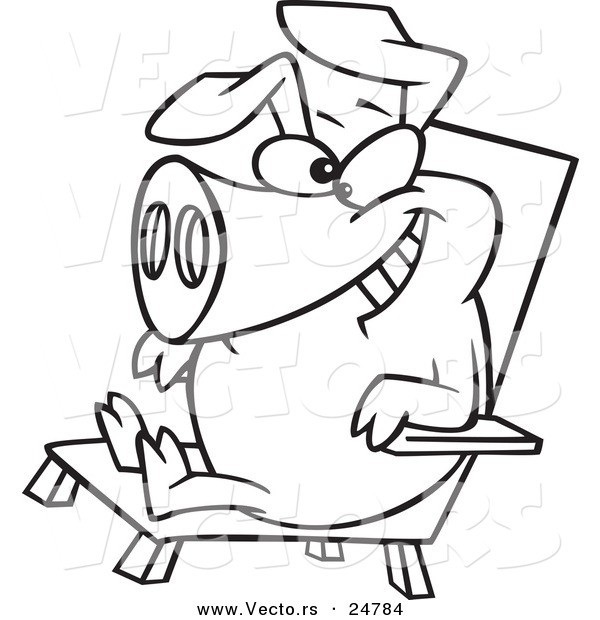 Vector of a Cartoon Black and White Outline Hog Relaxing in a Chair on Pig Day - Outlined Coloring Page