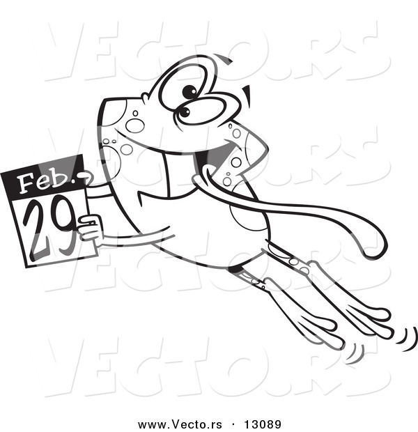 Vector of a Cartoon Black and White Outline Leap Day Frog Jumping with a February 29th Calendar - Outlined Coloring Page