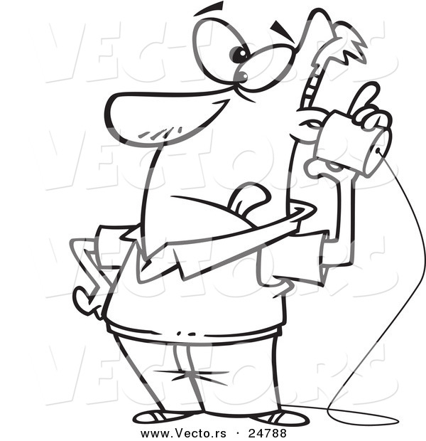 Vector of a Cartoon Black and White Outline Low Tech Man Using a Can Phone - Outlined Coloring Page