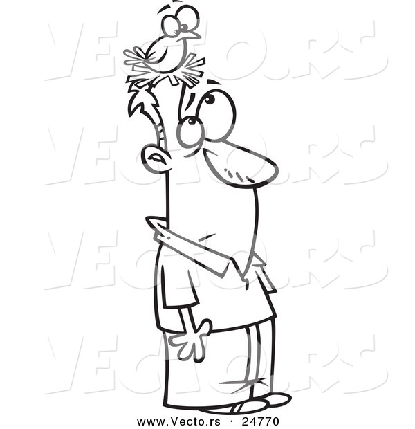 Vector of a Cartoon Black and White Outline Man with a Bird Nesting on His Head - Outlined Coloring Page