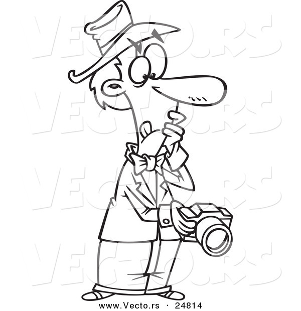 Vector of a Cartoon Black and White Outline Photographer Chimping a Glance on His Camera Display - Outlined Coloring Page
