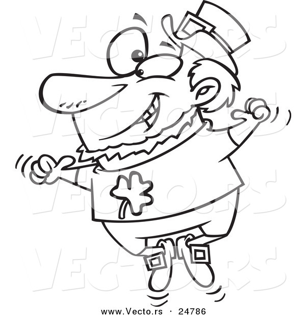 Vector of a Cartoon Black and White Outline St Patricks Leprechaun Jumping up and down - Outlined Coloring Page