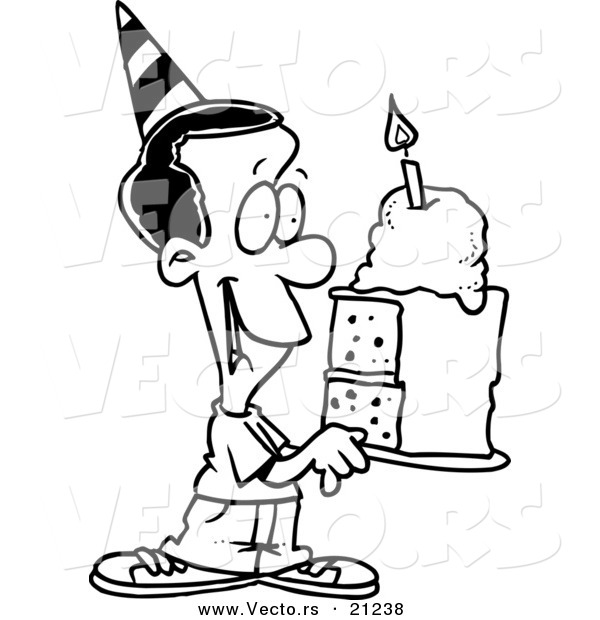 Vector of a Cartoon Black Birthday Boy Holding a Slice of Cake - Coloring Page Outline