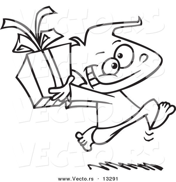 Vector of a Cartoon Black Boy Running with a Gift Box - Coloring Page Outline