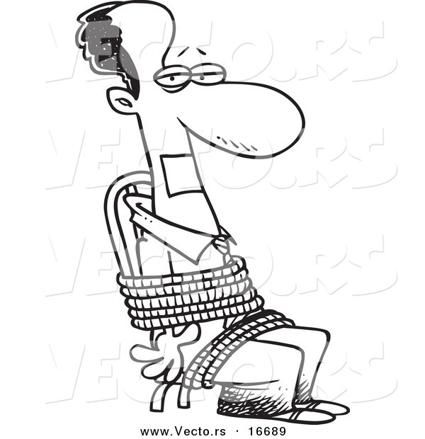 Vector of a Cartoon Black Businessman Gagged and Tied up to a Chair - Outlined Coloring Page Drawing