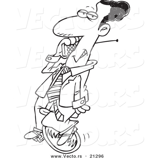 Vector of a Cartoon Black Businessman Talking on a Cell Phone on Unicycle - Outlined Coloring Page