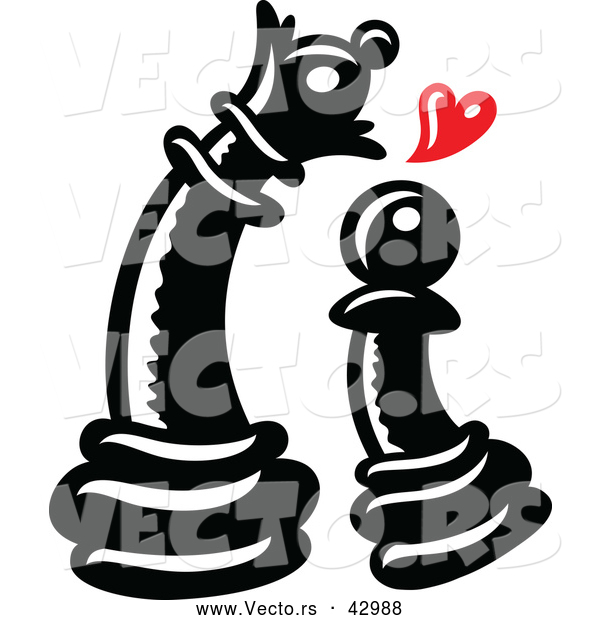 Vector of a Cartoon Black Chess Pawn Piece in Love with a Queen