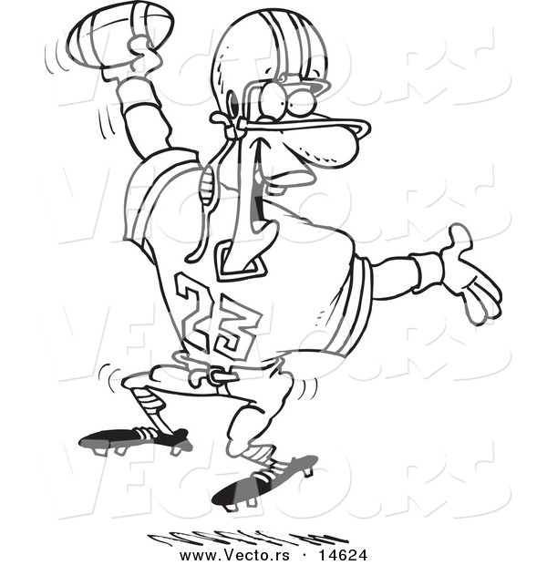 Vector of a Cartoon Black Male Football Player Scoring a Touchdown - Coloring Page Outline