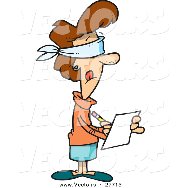 Vector of a Cartoon Blindfolded Brunette Caucasian Woman Taking Impartial Notes