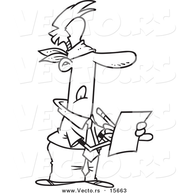Vector of a Cartoon Blindfolded Businessman Writing a Review - Coloring Page Outline