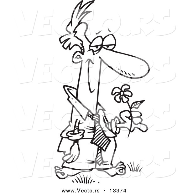 Vector of a Cartoon Blissful Man Standing Barefoot and Holding a Flower - Coloring Page Outline